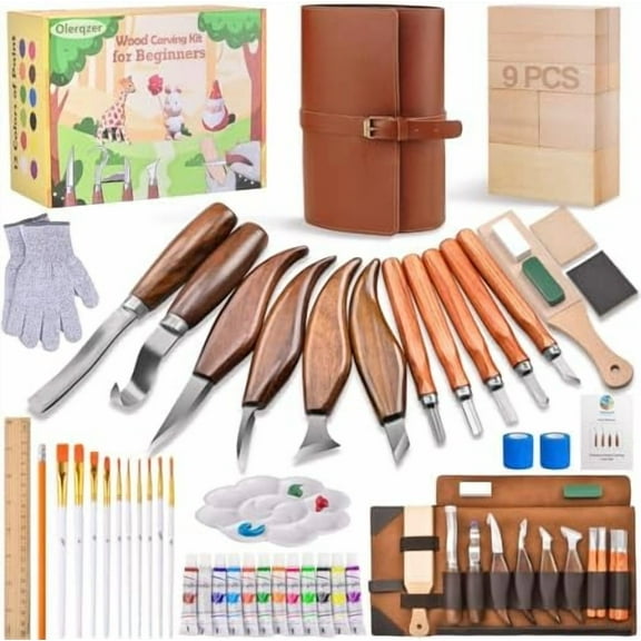 Deluxe Wood Carving Kit,56 PCS Wood Carving Tools Set with PU Leather Storage Bag,Carving Knives,Basswood Wood Blocks,Paint,Woodworking Widdle Gift,Complete Wood Whittling Kit for Beginners