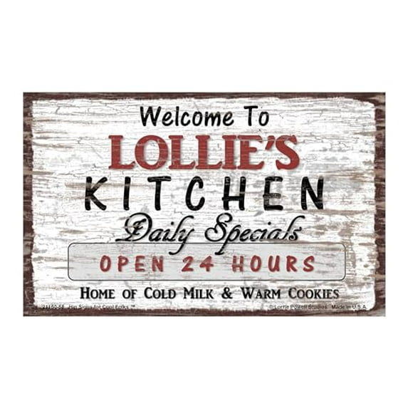 Deluxe Wood Magnet, 5x8 Inches, Welcome to Lollie's Kitchen - Daily Specials, Open 24 Hours, Home of Cold Milk and Warm Cookies - Magnetic Hardboard Sign with Saying for Grandma, Vintage Style Decor