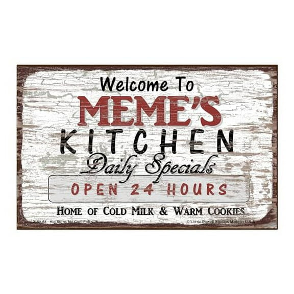 Deluxe Wood Magnet, 5x8 Inches, Welcome to Meme's Kitchen - Daily Specials, Open 24 Hours, Home of Cold Milk and Warm Cookies - Magnetic Hardboard Sign with Saying for Grandma, Vintage Style Decor
