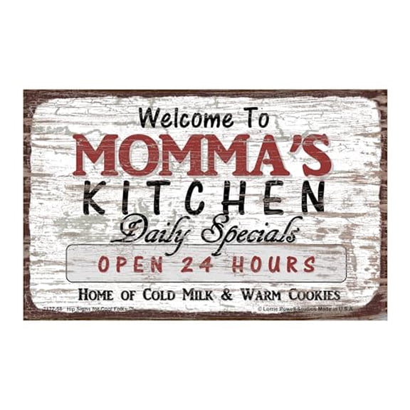 Deluxe Wood Magnet, 5x8 Inches, Welcome to Momma's Kitchen - Daily Specials, Open 24 Hours, Home of Cold Milk and Warm Cookies - Magnetic Hardboard Sign with Saying for Grandma, Vintage Style Decor