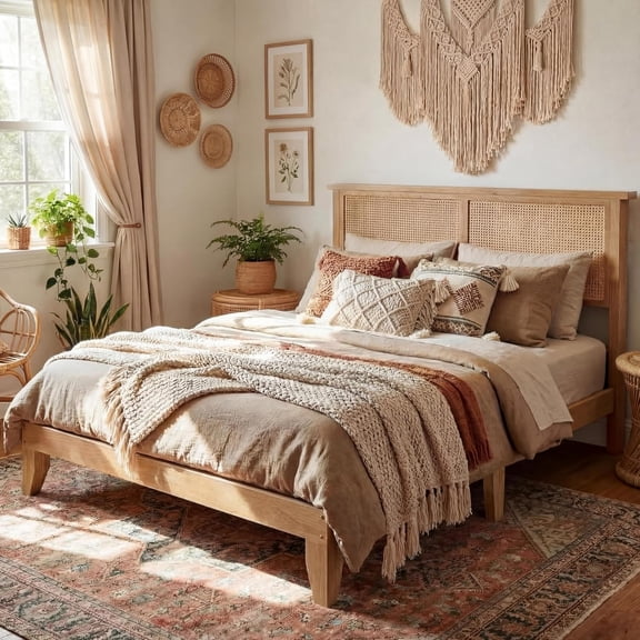 Wood Rattan Platform Bed Frame with Four rolling drawers for ample under, Integrated LED lights for adjustable night ambience for Bedroom,Full
