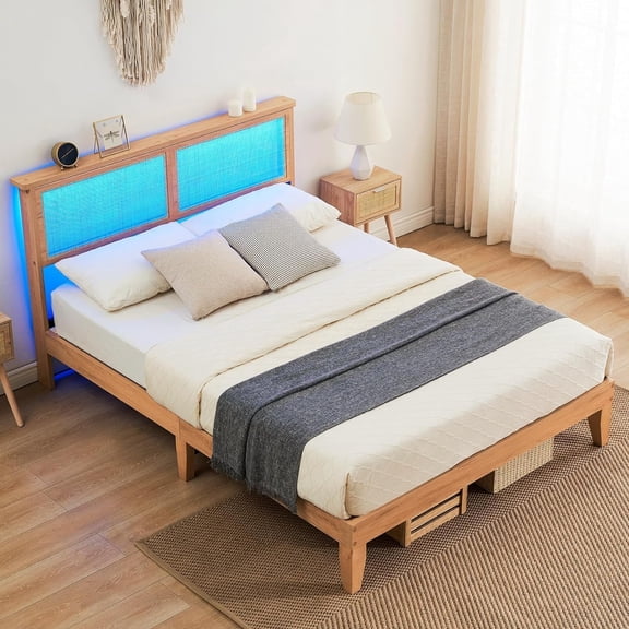 Wood Rattan Platform Bed Frame with Four rolling drawers for ample under, Integrated LED lights for adjustable night ambience for Bedroom,King
