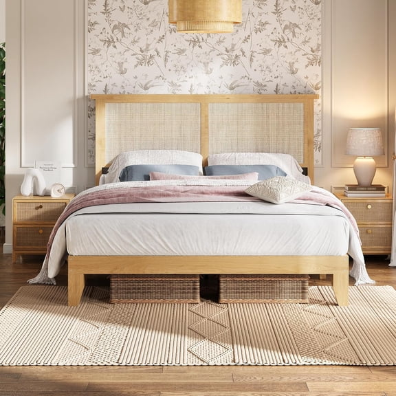 Wood Rattan Platform Bed Frame with Four rolling drawers for ample under, Integrated LED lights for adjustable night ambience for Bedroom,Queen
