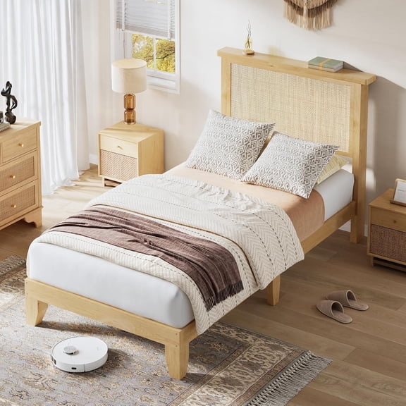 Wood Rattan Platform Bed Frame with Four rolling drawers for ample under, Integrated LED lights for adjustable night ambience for Bedroom,Twin