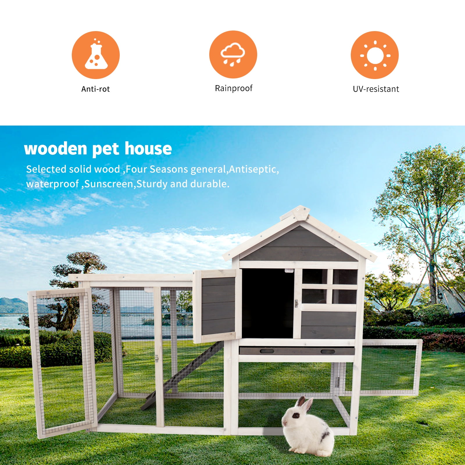 Gray and White Solid Wood Chicken Coop with Run