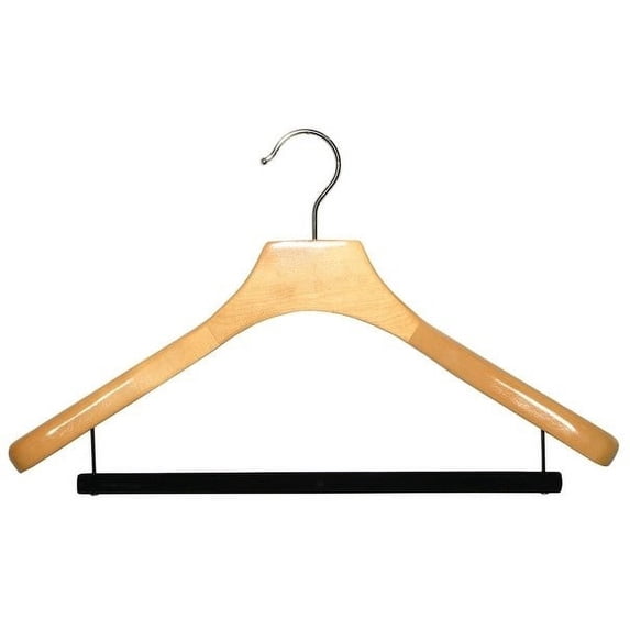 Deluxe Wooden Coat Hanger w/ Velvet Bar, Natural Finish w/ Chrome Swivel Hook, Box of 12 Large Wood Jacket & Suit Top Hangers 18 inches long by 2 inches wide by International Hanger