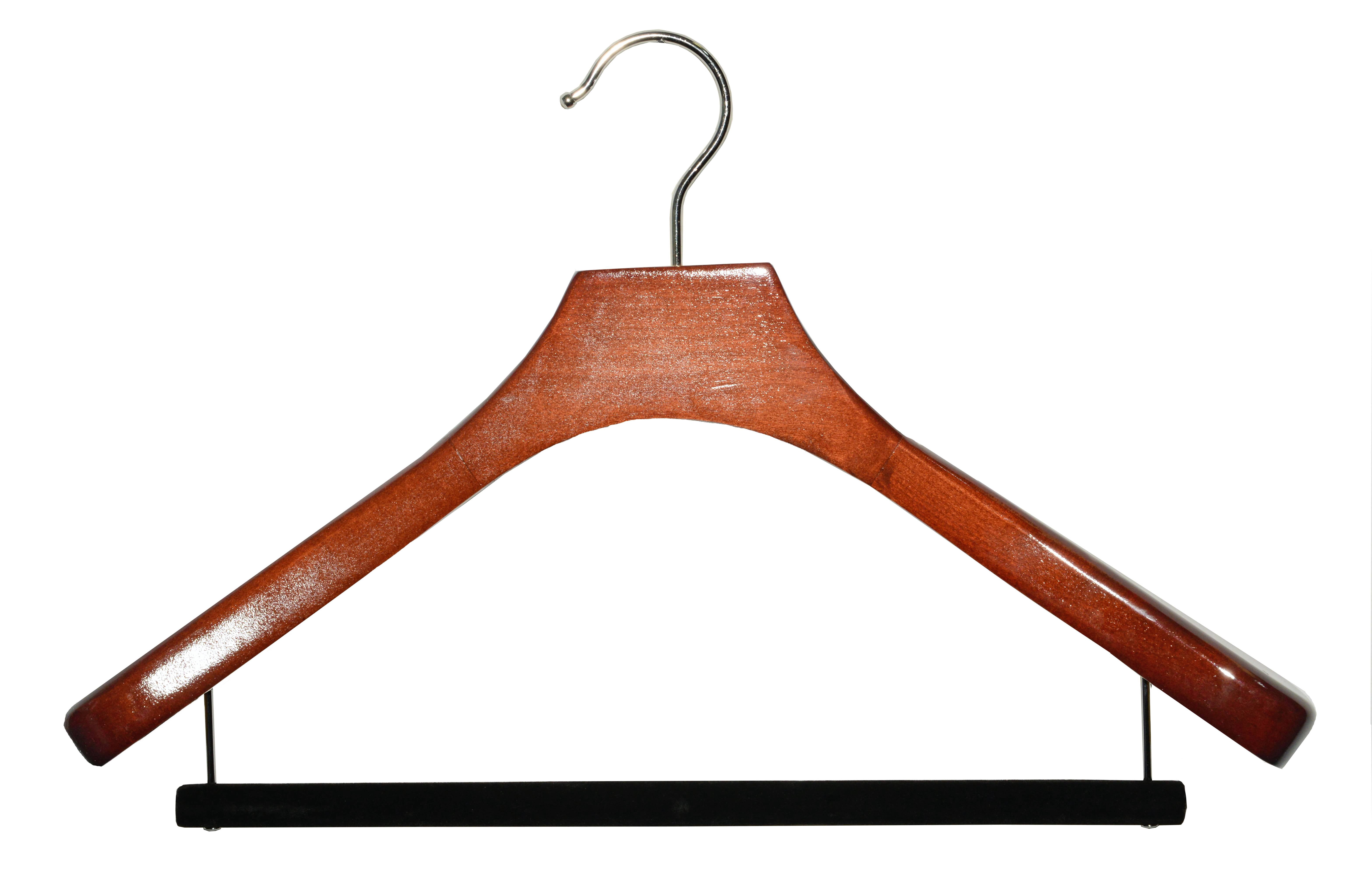Deluxe Wooden Coat Hanger w/ Velvet Bar, Walnut Finish w/ Chrome Swivel Hook, Box of 6 Large Wood Jacket & Suit Top Hangers 18 inches long by 2 inches wide by International Hanger