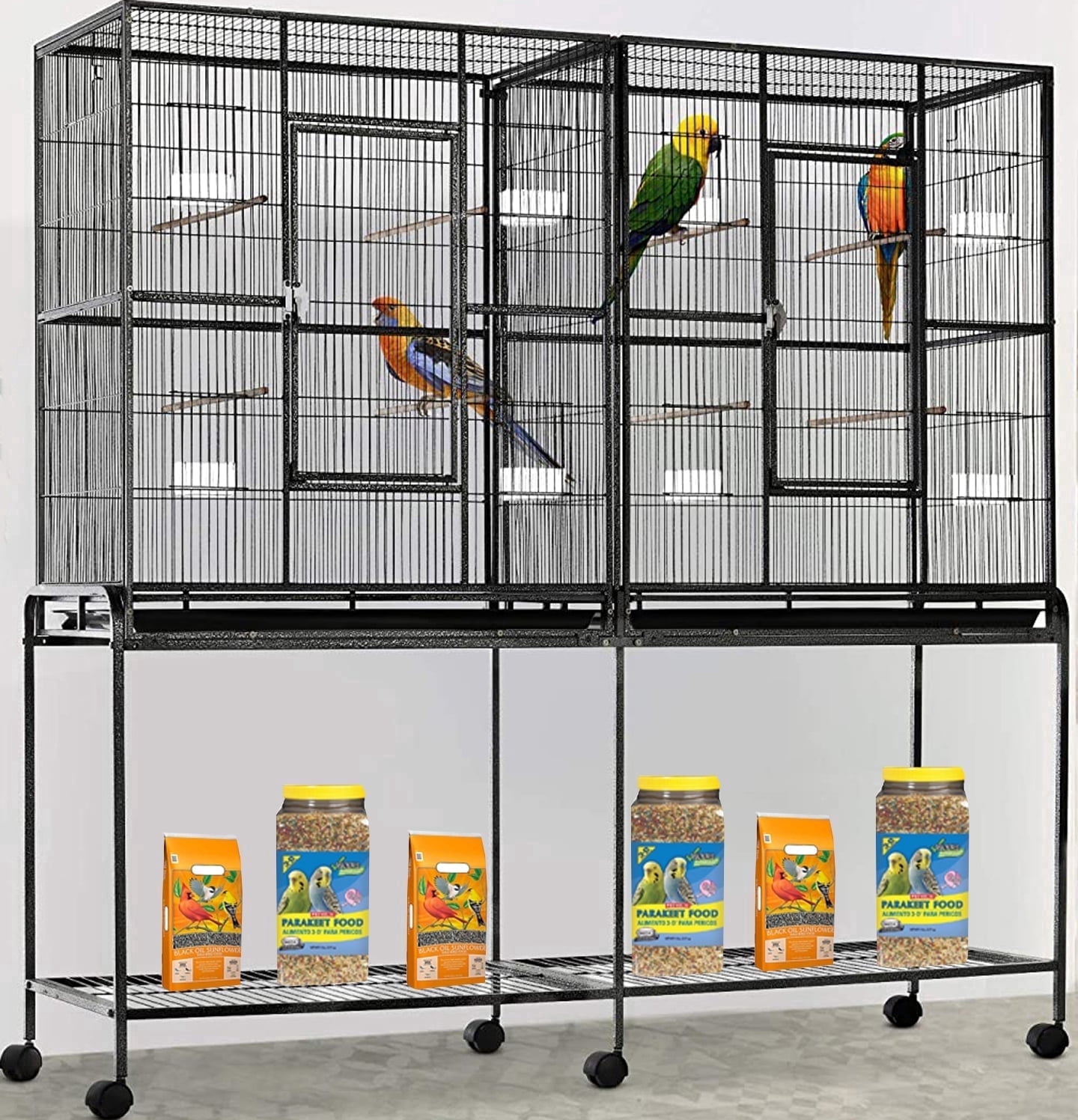 Deluxe X-LARGE Double Flight Bird House Breeding Breeder Cage With Center Divider Side Nest Box Doors Removable Rolling Stand Canary Parakeet Cockatiel Lovebird Finches