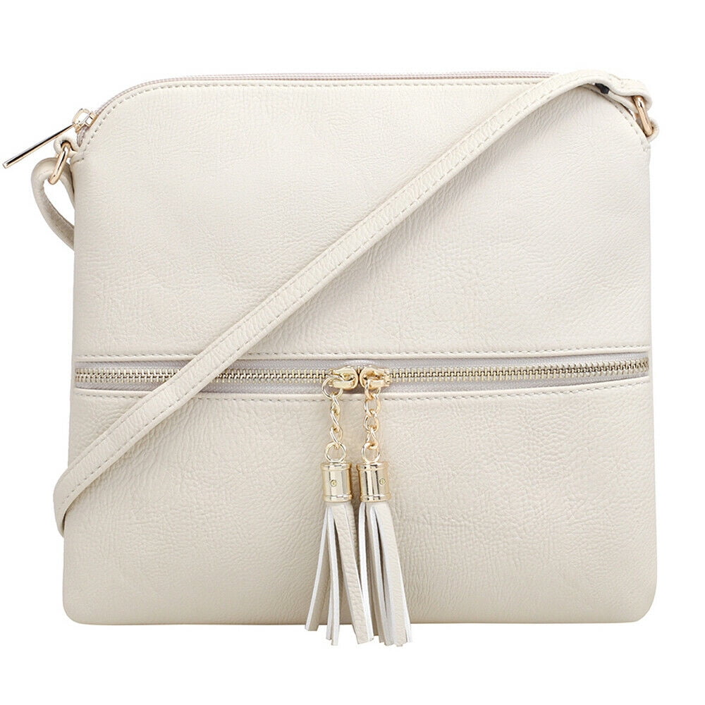 Deluxity Lightweight Medium Lady Crossbody Bag with TasselBeige