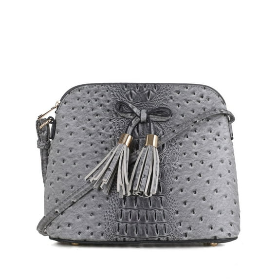 Deluxity Ostrich Lightweight Dome Crossbody Lady Bag Bow Tassel-Grey