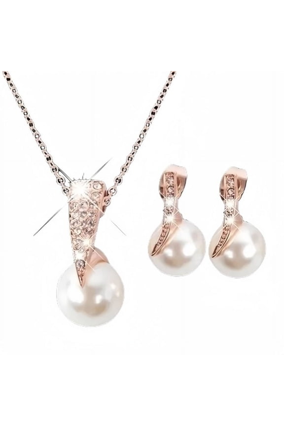3pcs Women Trendy Pearl Earrings Necklace Jewelry Set Superior Quality Rhinestones Bride Party Earring