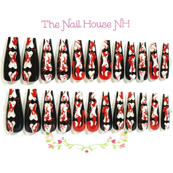 Dem Bloody Bones Glossy Long Coffin Press On Nails - 24 Pieces - Artificial Nail Kit - Halloween Nails