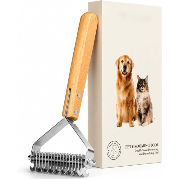 Dematting Comb for Cats and Dogs - Double Sided Pet Grooming Rake, Safe Mat Remover and Undercoat Deshedding Tool for Long-Haired Breeds (Wooden Handle)