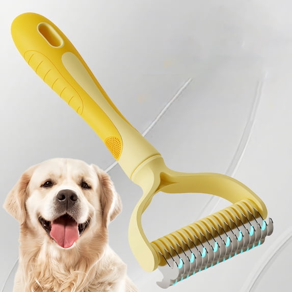 Dematting Comb for Dogs/Cats,2-Sided Undercoat Detangler Brush for Shedding,Matted Hair & Fur Remover,Painless Pet Grooming Rake with Non-Slip Handle - Yellow