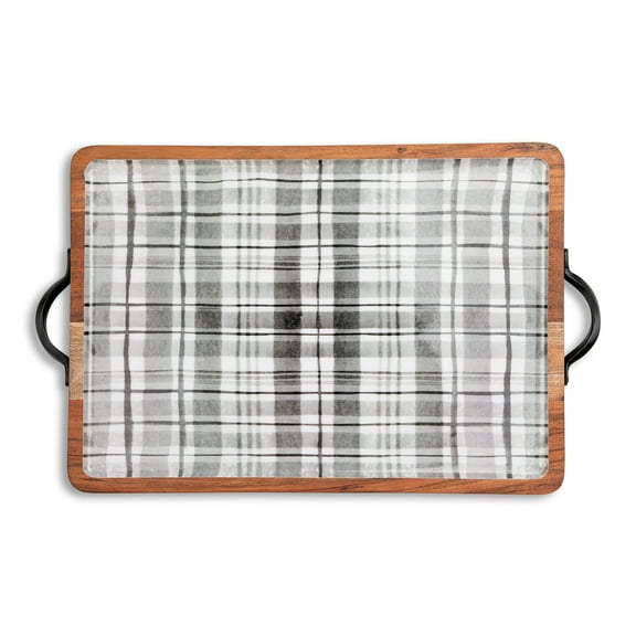 Demdaco Double Handled Plaid Black and White 17 x 12 Acacia Wood Serving Tray