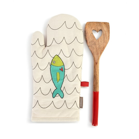 Demdaco Fish and Waves Blue 12 inch Cotton and Wood Oven Mitt and Spatula Set