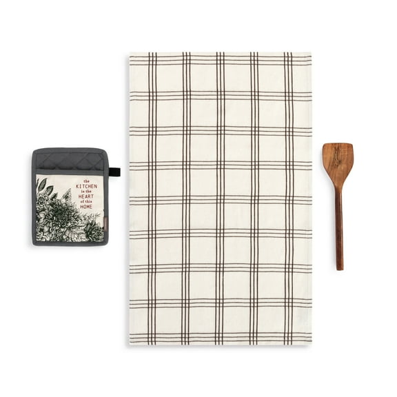 Demdaco Kitchen Dark Floral Cotton Wood Hot Pad Dish Towel Spatula 3 Piece Set