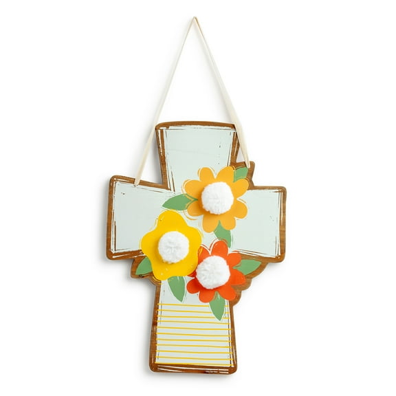 Demdaco Spring Cross Floral White and Yellow 20 x 14 Fir Wood Door Hanger Sign