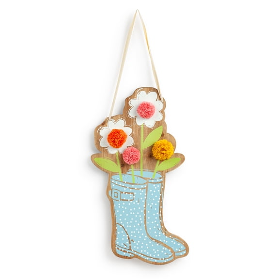 Demdaco Spring Rain Boots Floral Blue 22 x 12 Fir Wood Door Hanger Sign