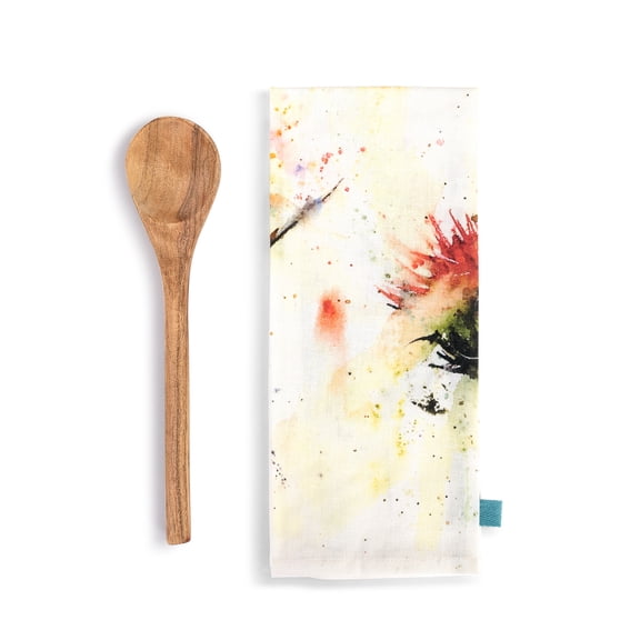 Demdaco Stopping By Hummingbird Red Cotton Wood Towel and Utensil 2 Piece Set