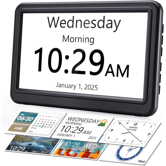 Dementia Clock for Seniors, Large Display Digital Calendar Day Clock, 12 Themes 20 Custom Alarms & Reminders with 18 Ringtones, Automatic Dimmer, Medication Alarm Clock for Alzheimers/Elderly