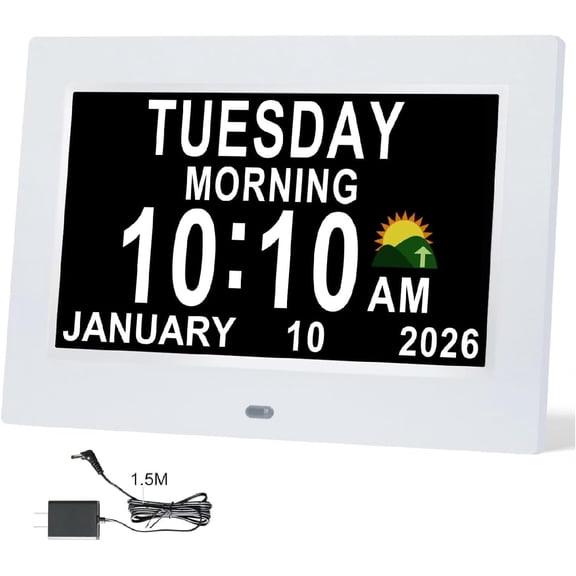 Dementia Digital Clock for Seniors 7" Large Display Clock with Day and Date for Easy to Use 15 Alarms 5 Colors Auto Dimmable Clock for Bedroom Classroom Senior Gifts (White)