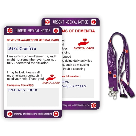 RAYCCI  2Pcs Dementia Medical Card with Writable Panel & Patterned Lanyard, Standard Size Emergency Contact Card