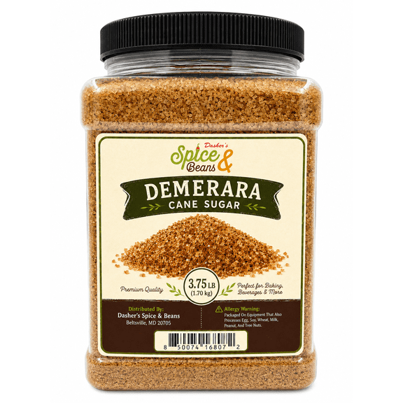 Demerara Cane Sugar 3.75 lb - Raw Cane Sugar Crystals for Coffee, Baking, Cocktails & Foodservice Use - Large Golden Sugar Crystals - Bulk Container - Dashers Spice & Beans