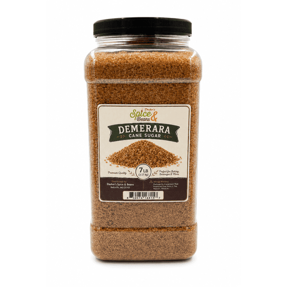 Demerara Cane Sugar 7 lb - Raw Cane Sugar Crystals for Coffee, Baking, Cocktails & Foodservice Use - Large Golden Sugar Crystals - Bulk - Dashers Spice & Beans