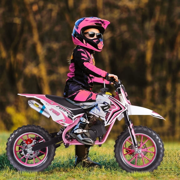 Demete 49cc 2-Stroke Kids Dirt Bike, Gas Power Motocross, Off Road Mini Motorcycle, Children Pocket Motorbike with Front Rear Disc Brakes (Pink)
