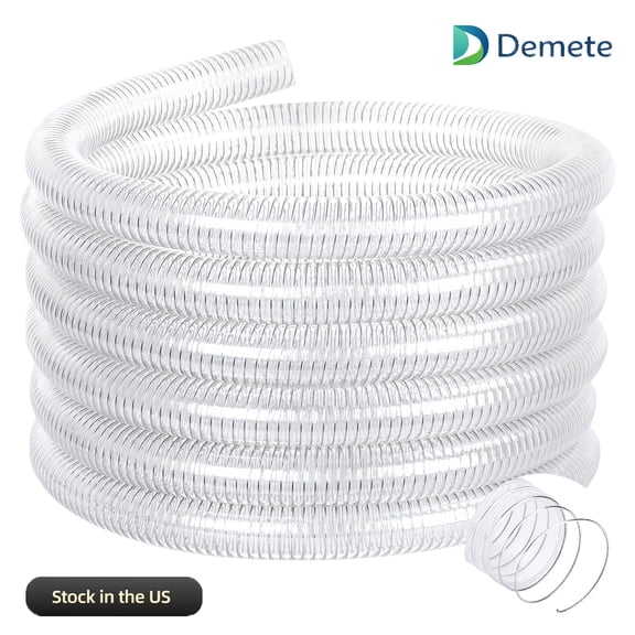 Demete Wire Reinforced PVC Hose 25 FT, Flexible Clear Suction Discharge Hose with 4 Clamps, Heavy Duty Tubing 60 PSI