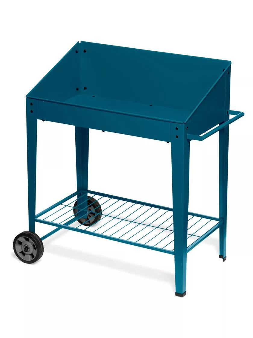Demeter Blue Powder-Coated Steel Potting Bench with Wheels