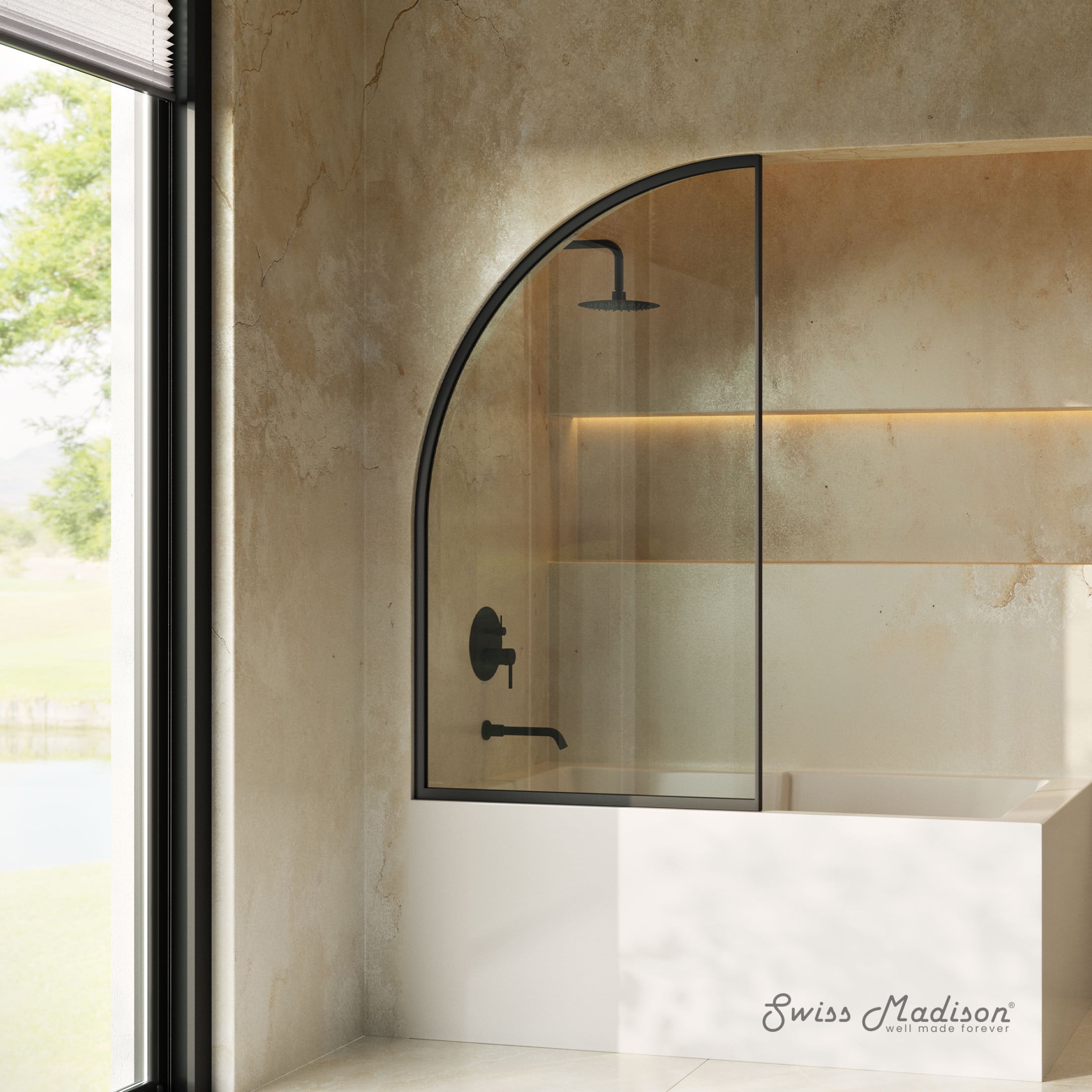 Demi 34 x 58 Framed Fixed 3/8 in. (10mm) Clear Tempered Glass Tub Door with Black Matte Frame