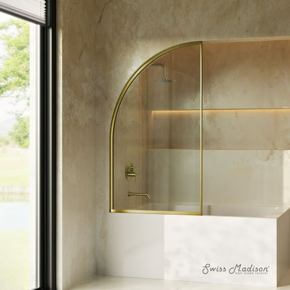 Demi 34 x 58 Framed Fixed 3/8 in. (10mm) Clear Tempered Glass Tub Door with Gold Brushed Frame