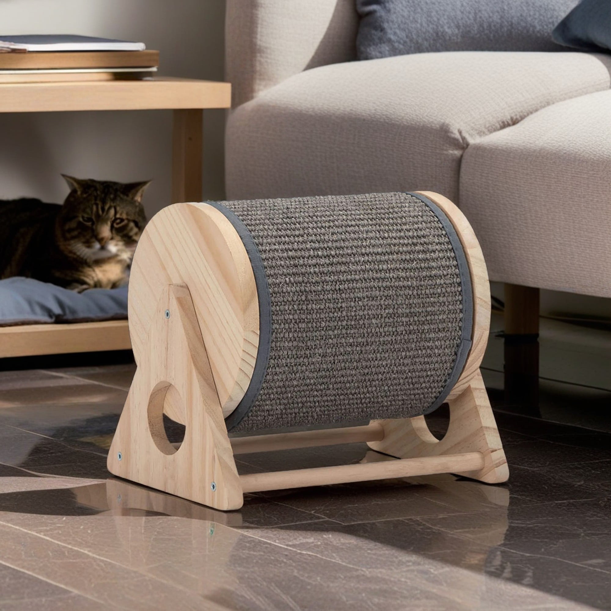 Kadyn 10" Cat Scratching Post with Sisal Wheel, Cats Scratcher Toy Interactive Wood Durable Scratch for Indoor Kitties, Beige