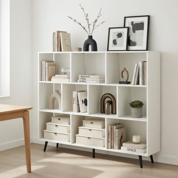 Demi Bonn 10-Cube Bookcase, 5 Tapered Metal Legs, Anti-Tipping, Stable Structure, Home Storage, Off White