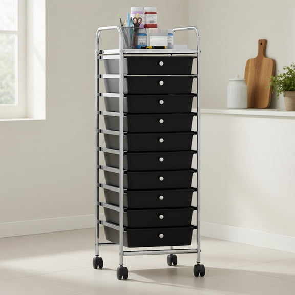Demi Bonn 10-Drawer Rolling Storage Cart, Metal Frame, Lockable Universal Wheels, Top Shelf, Smooth Metal Slides, Black