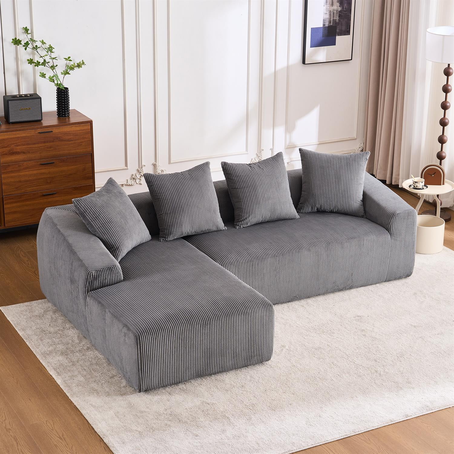 Demi Bonn 101" Corduroy Compression Sofa with Chaise Lounge, 3-Seater Couch with Full Sponge Cushion & 4 Pillows, Ideal for Living Room, Dark Gray