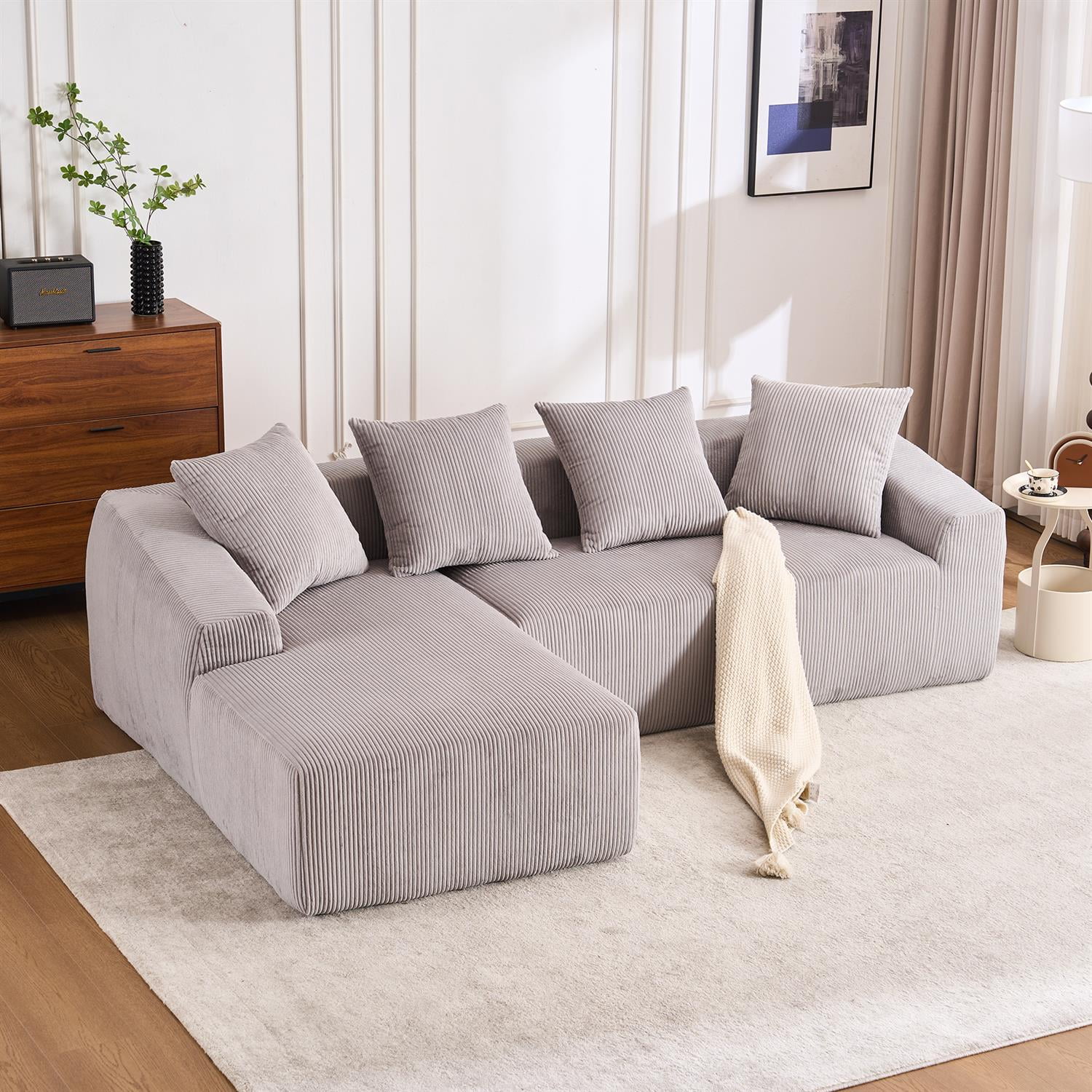 Demi Bonn 101" Corduroy Compression Sofa with Chaise Lounge, 3-Seater Couch with Full Sponge Cushion & 4 Pillows, Ideal for Living Room, Light Gray