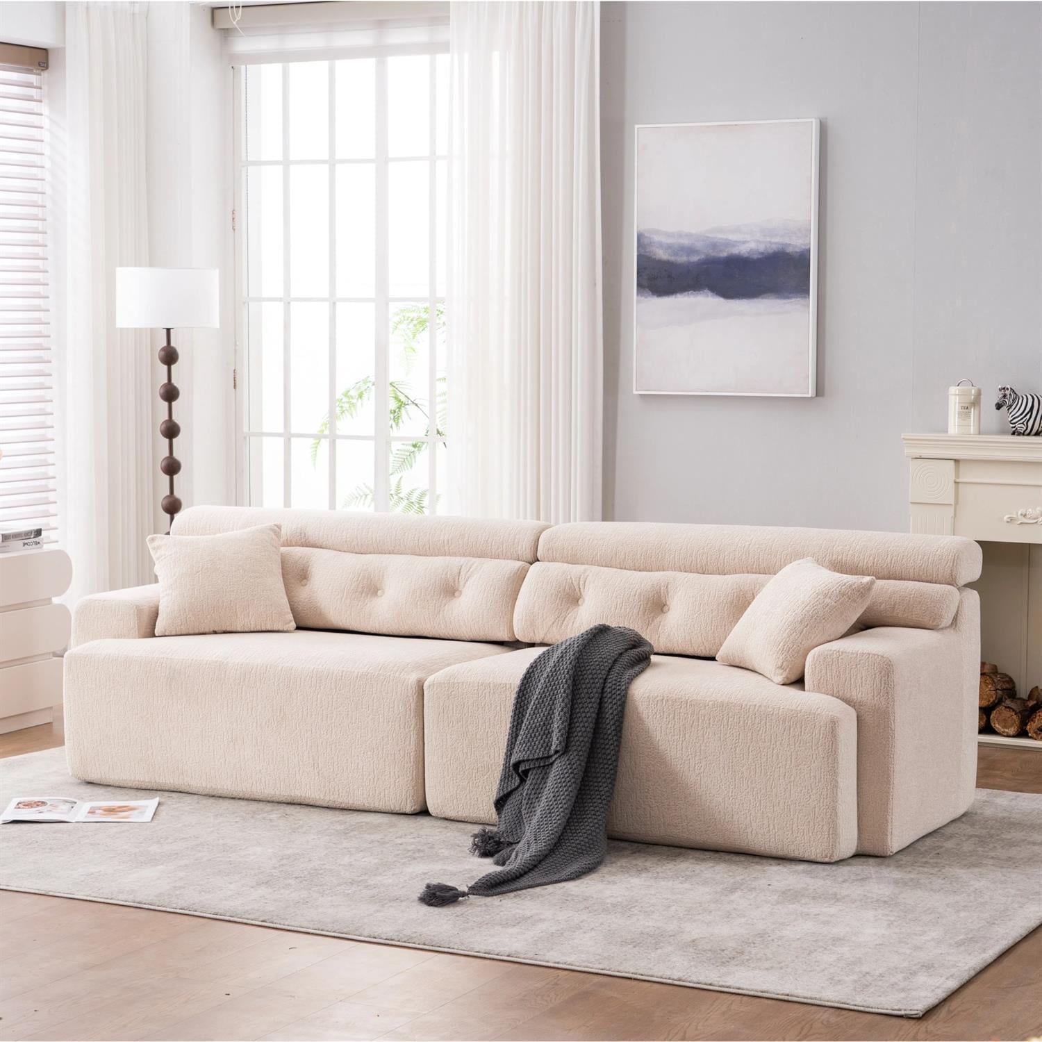 Demi Bonn 103" 4-Seater Compression Sofa Couch with Wood Grain Chenille Fabric, Full Sponge Cushion and 2 Cozy Pillows for Living Room, Beige