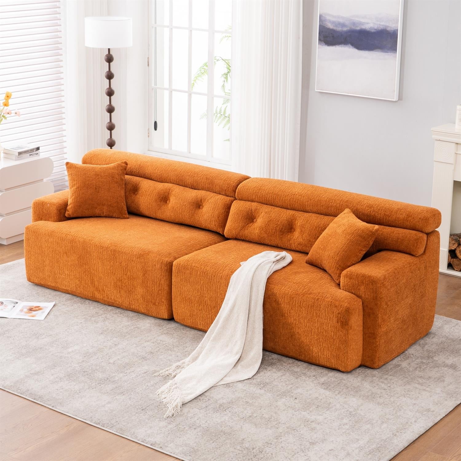 Demi Bonn 103" 4-Seater Compression Sofa Couch with Wood Grain Chenille Fabric, Full Sponge Cushion and 2 Cozy Pillows for Living Room, Orange