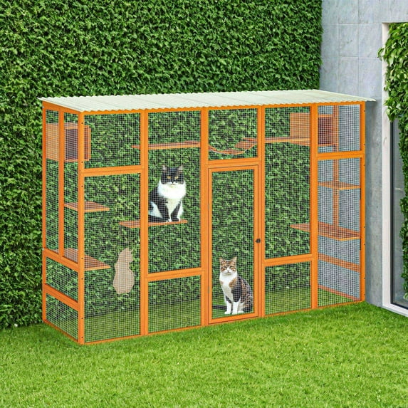Demi Bonn 104" Outdoor Cat House, Weatherproof Cat Condo Catio Wooden Feral Cat Shelter, Cat Cage with Platforms, Large Enter Door, Orange