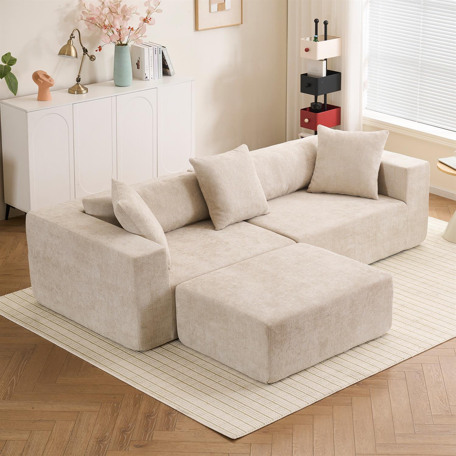 Demi Bonn 105" L-Shaped Modular Sofa Set, Soft Chenille Fabric Cloud Couch Lounge Chair for Living Room, Bedroom, No Installation Needed, Beige