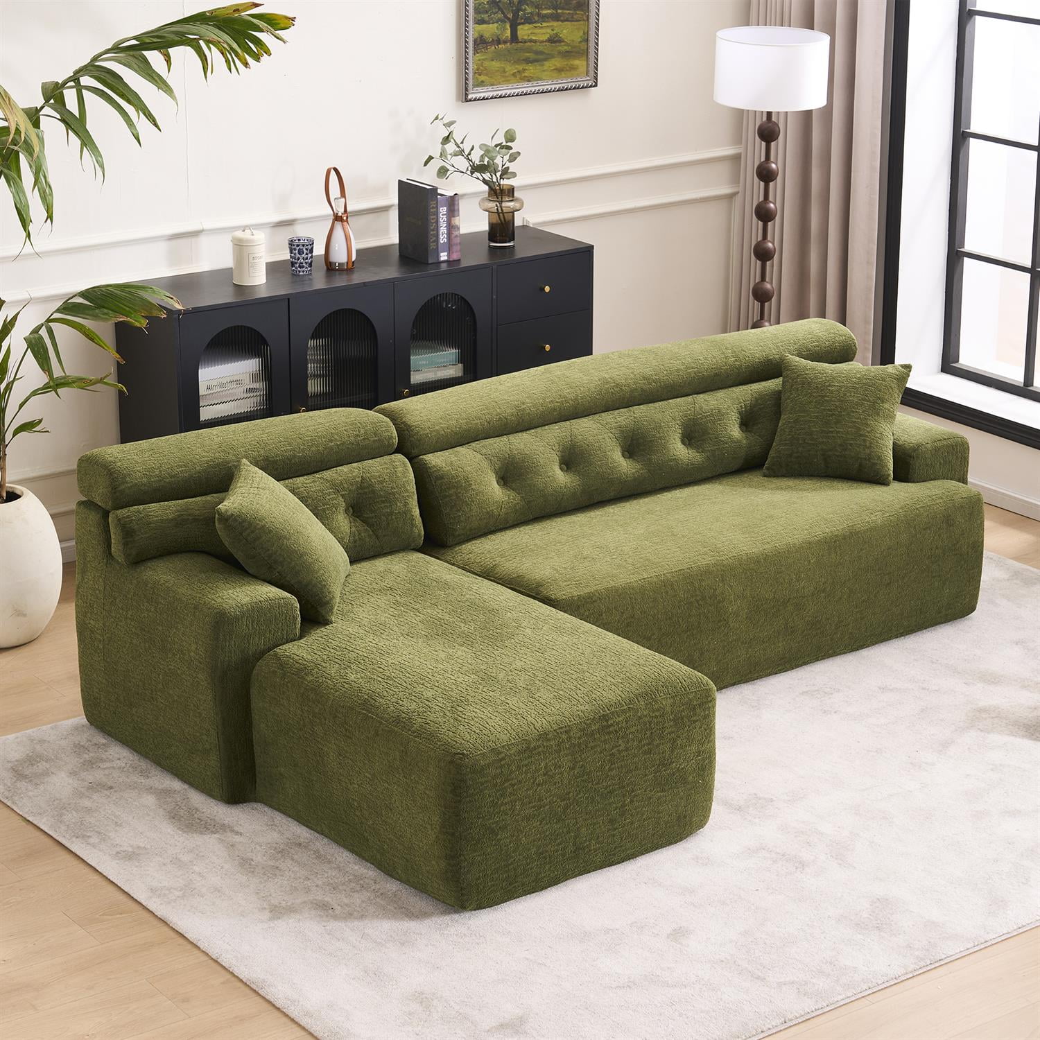 Demi Bonn 105" Modern L-Shaped Sectional Sofa, 3-Seater Couch with Chaise Lounge, 2 Accent Pillows, Wood Grain Chenille Fabric for Living Rooms, Green