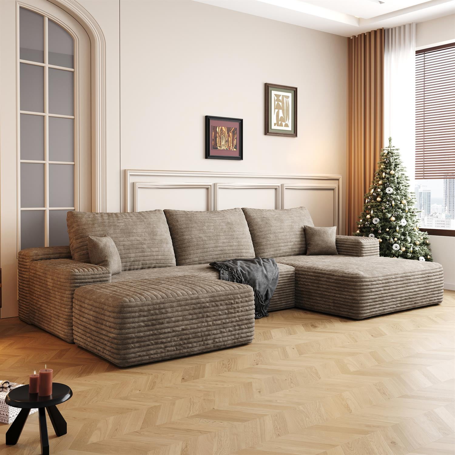 Demi Bonn 107" U-Shaped Sectional Sofa with Ottoman, Modern Plush Corduroy Fabric Deep Seat Upholstered Couch Living Room Comfort, No Assembly, Beige