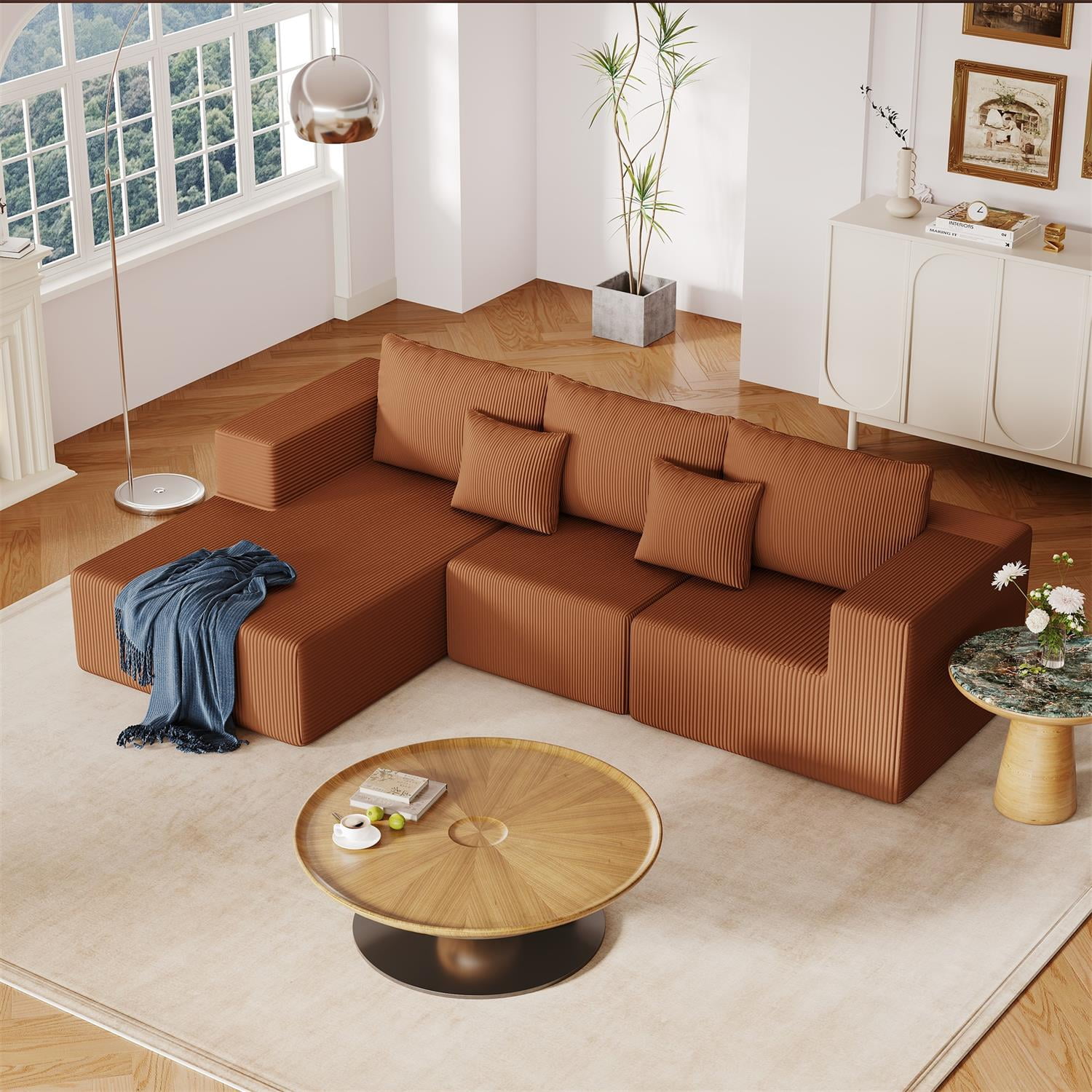 Demi Bonn 108" L-Shaped Modular Foam Sofa with Chaise Lounge, Cloud-Like Comfort Couch, Corduroy Sectional for Living Room, Brown