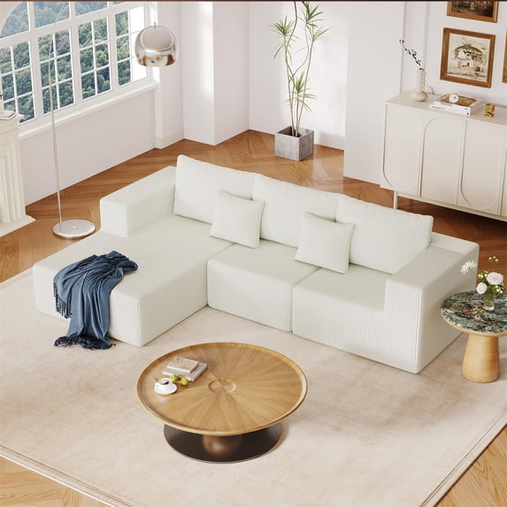 Demi Bonn 108" L-Shaped Modular Foam Sofa with Chaise Lounge, Cloud-Like Comfort Couch, Corduroy Sectional for Living Room, White
