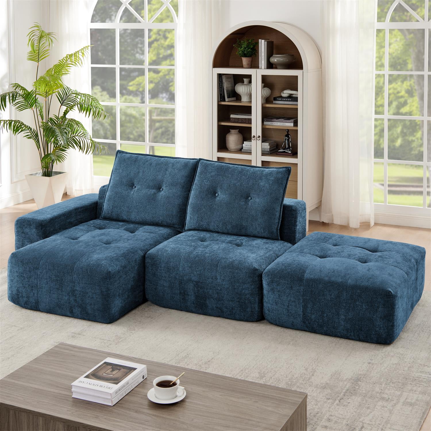 Demi Bonn 108" Modular L Shaped Sectional Sofa, Wide Deep Seat Convertible Linen Couch Set for Living Room & Office, No Assembly, Blue