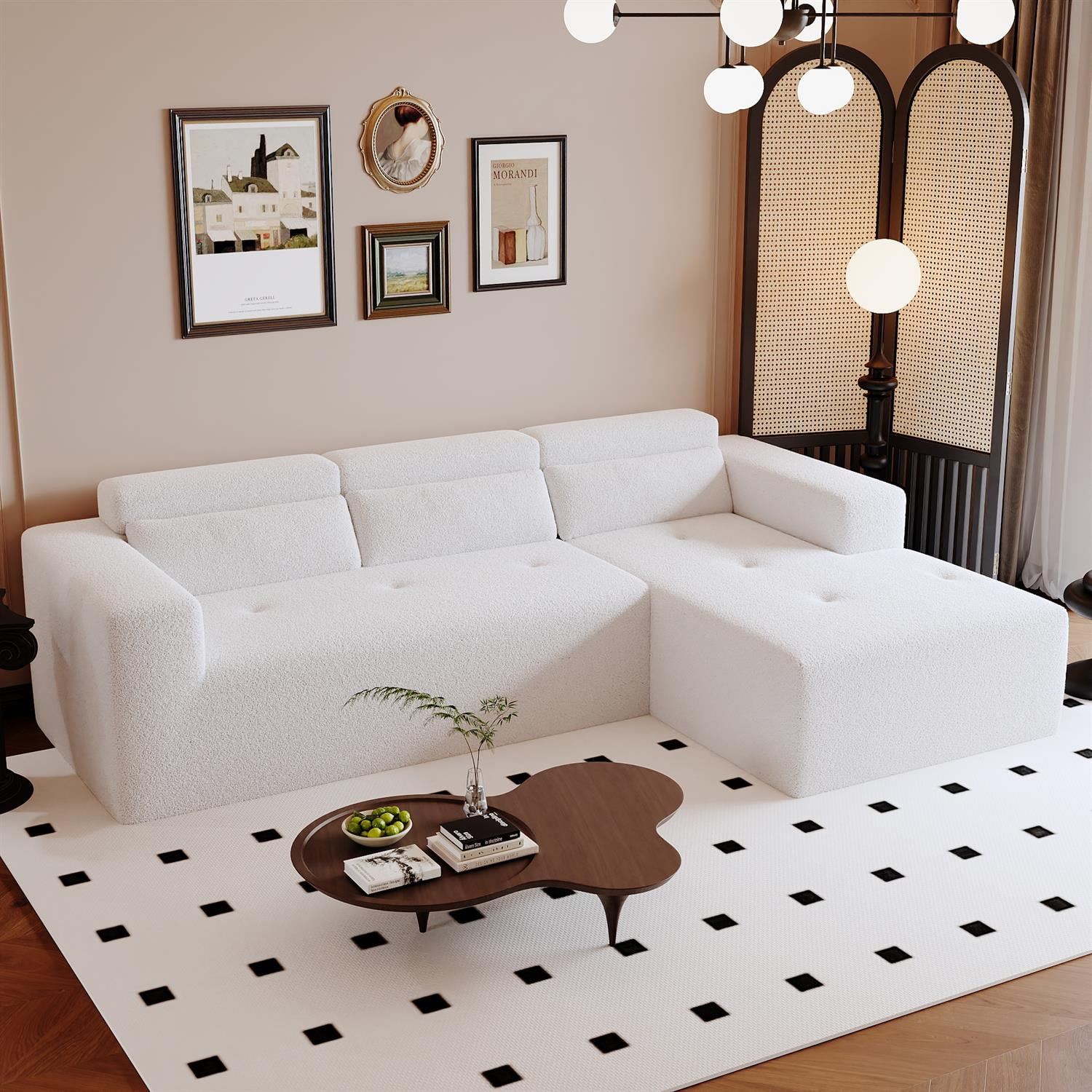Demi Bonn 109" Modern Modular Sectional Sofa, Cozy Teddy Fabric L Shaped Couch with Chaise, 3-Seater Corner Sofa with Pillows for Apartments, White