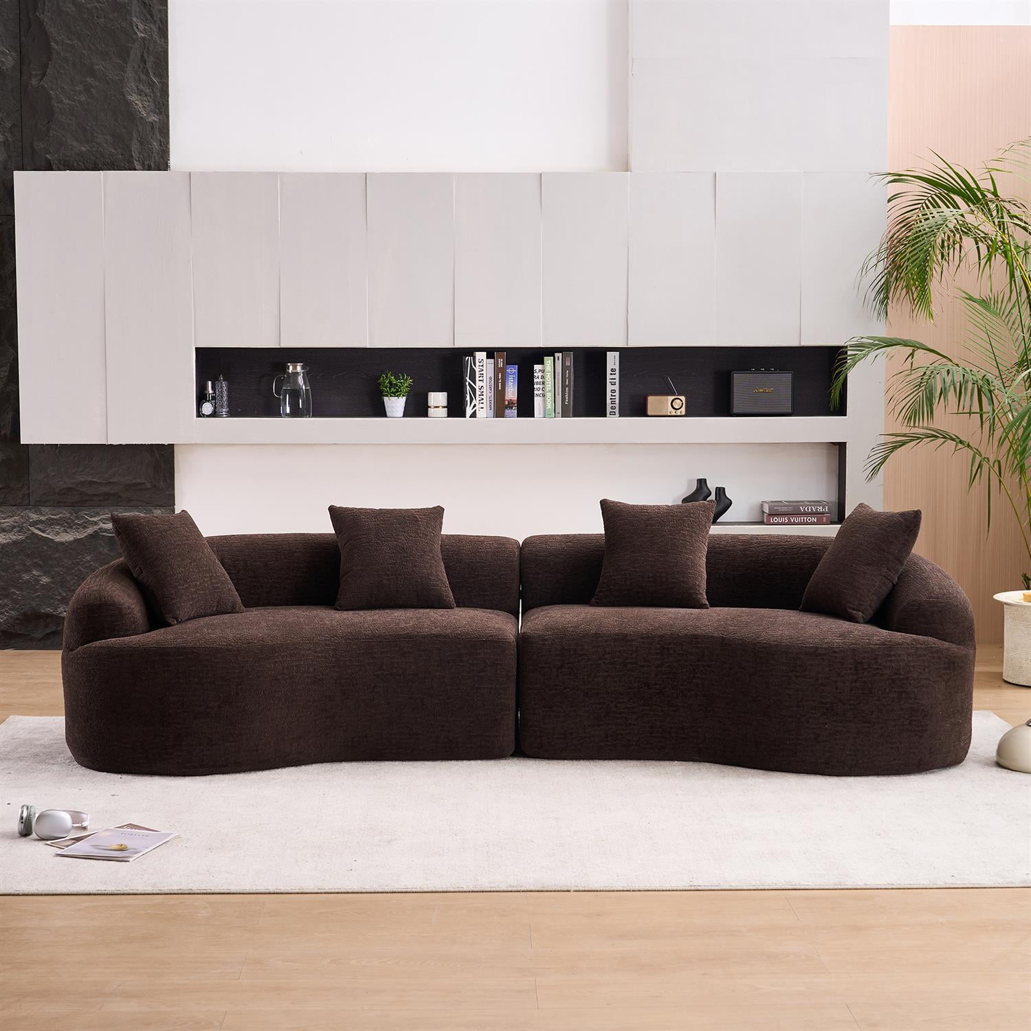 Demi Bonn 110"L Modular Sectional Sofa with Full Compression Sponge, Curved Design, High-Density Chenille Sleeper Couch for Living Room, 800 lbs Capacity, Brown